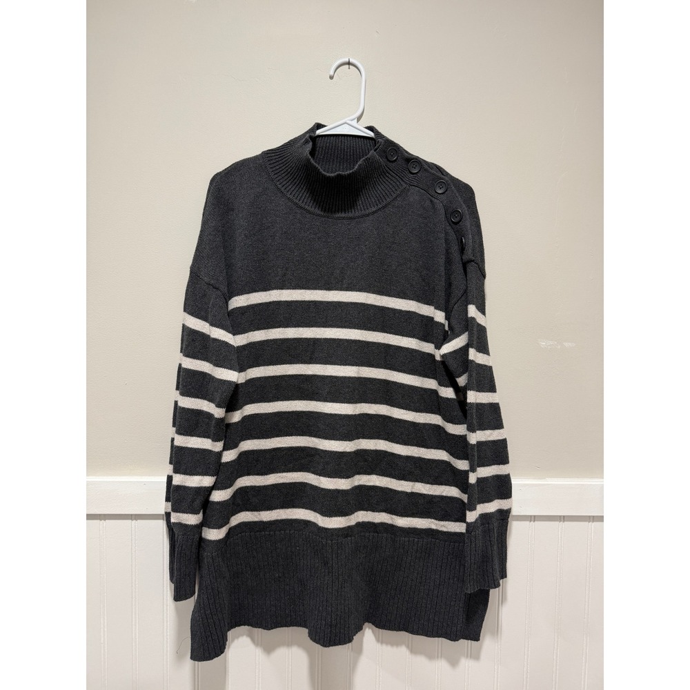 Fat Face Mock Neck Knit Sweater Stripes Chunky Button Women Size 12 Gray White
